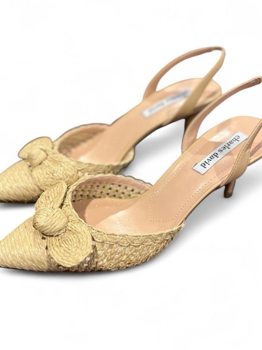 Charles David Beige Raffia Knot-Accent Slingback Heels